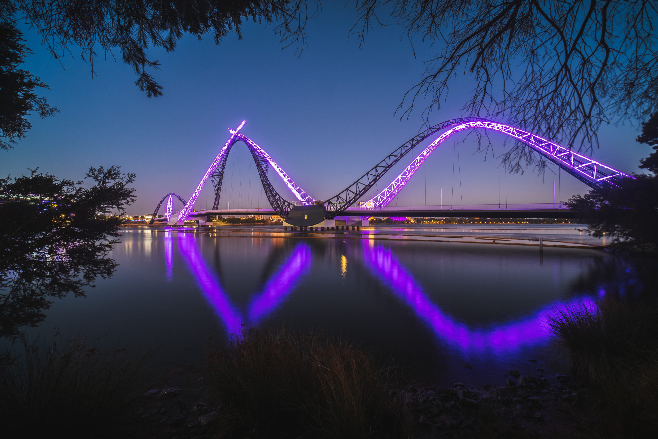 Matagarup Bridge in the evening with purple lights, Perth WA
